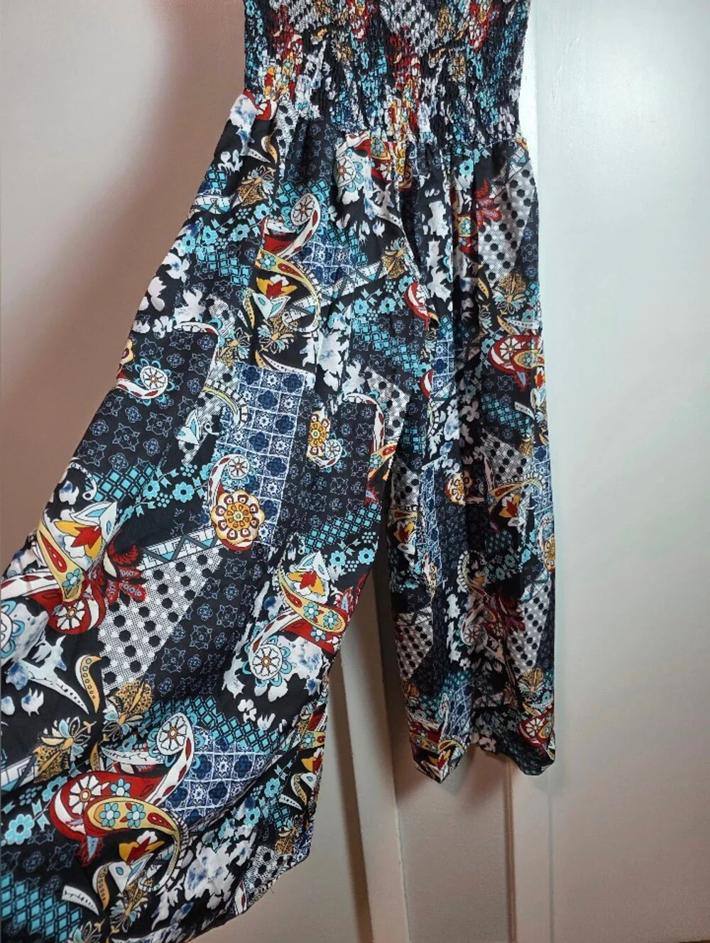 ​Boho Mixed Patchwork Print Smocked Wide-Leg Palazzo Pants / Strapless Jumpsuit